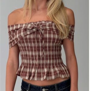 Princess Polly Burgundy Plaid off the shoulder Top